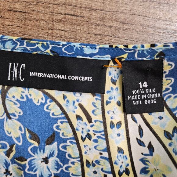 INC International Concepts Silk Blue Tunic Top 3/4 Sleevs Plus Size 14 Floral - Picture 9 of 15